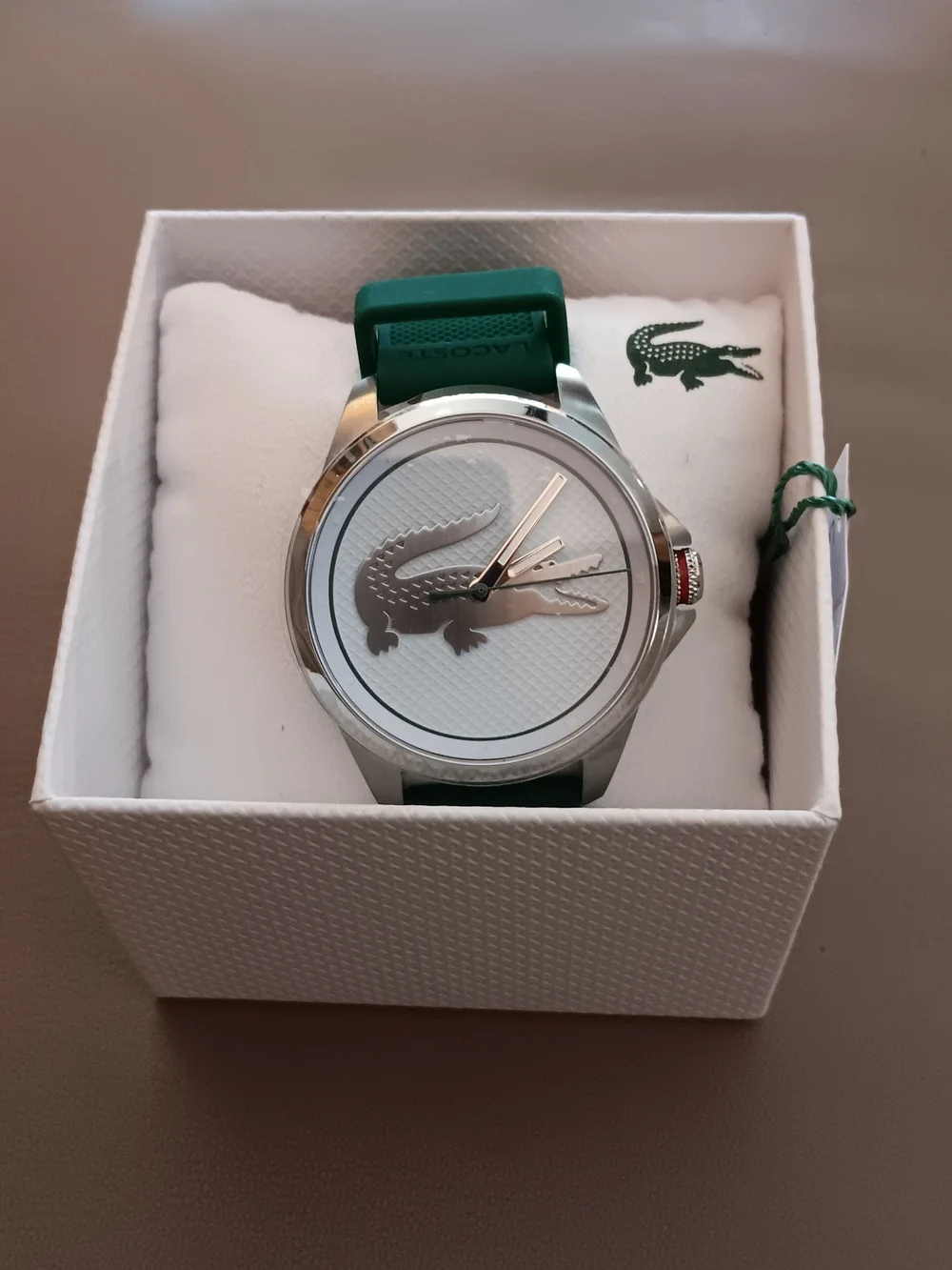 Lacoste Silver Dial Watch with Green Strap and Crocodile Logo